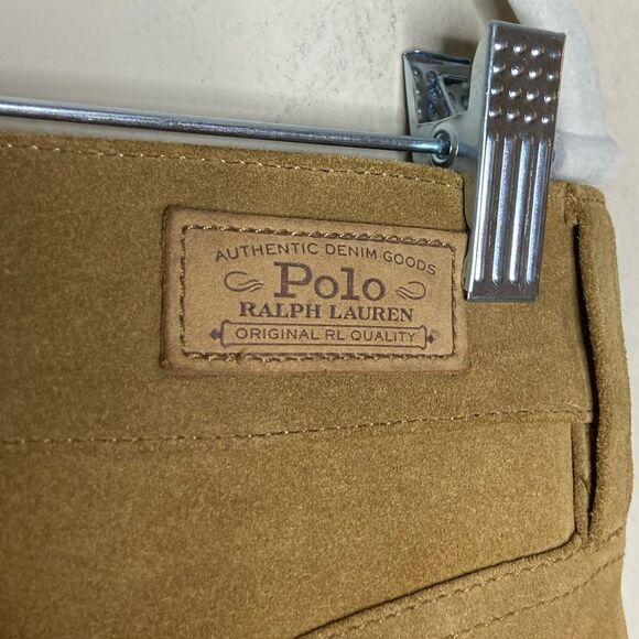 Polo Ralph Lauren Suede Cow Leather Tan Pants Skinny Stretch Trouser Size 8 - Picture 9 of 11